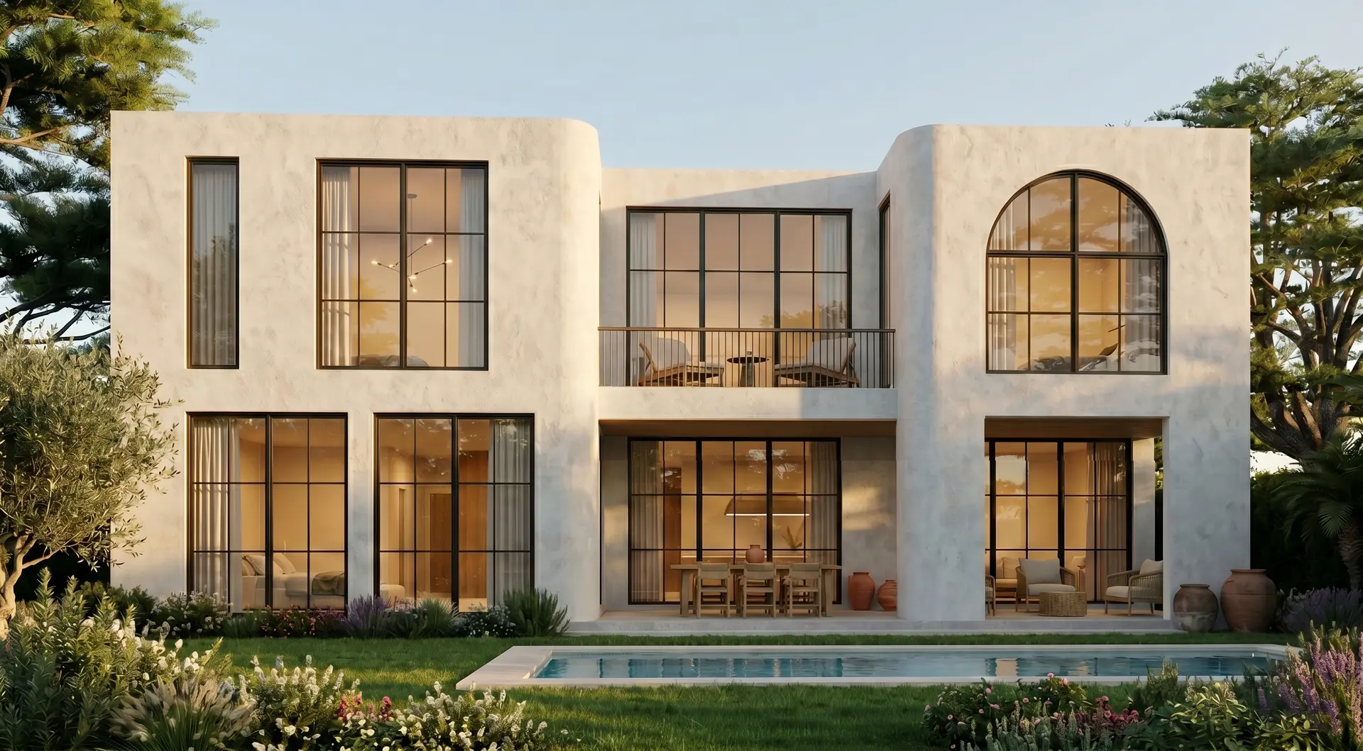 Rear facade, terrace and pool rendering at 4582 Royal Palm Avenue