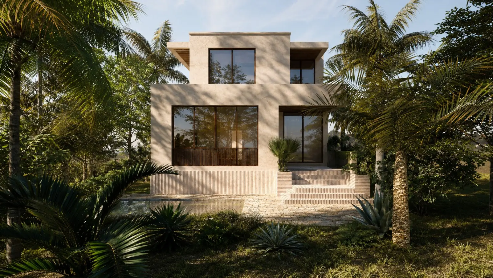 Rendered rear facade and pool at 8935 Hawthorne