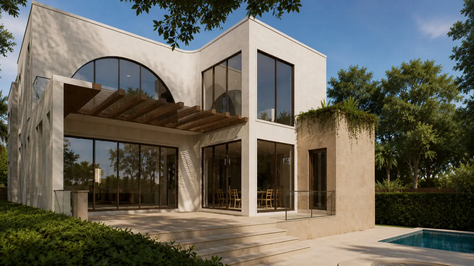 Rear facade and pool rendering of 8942 Emerson