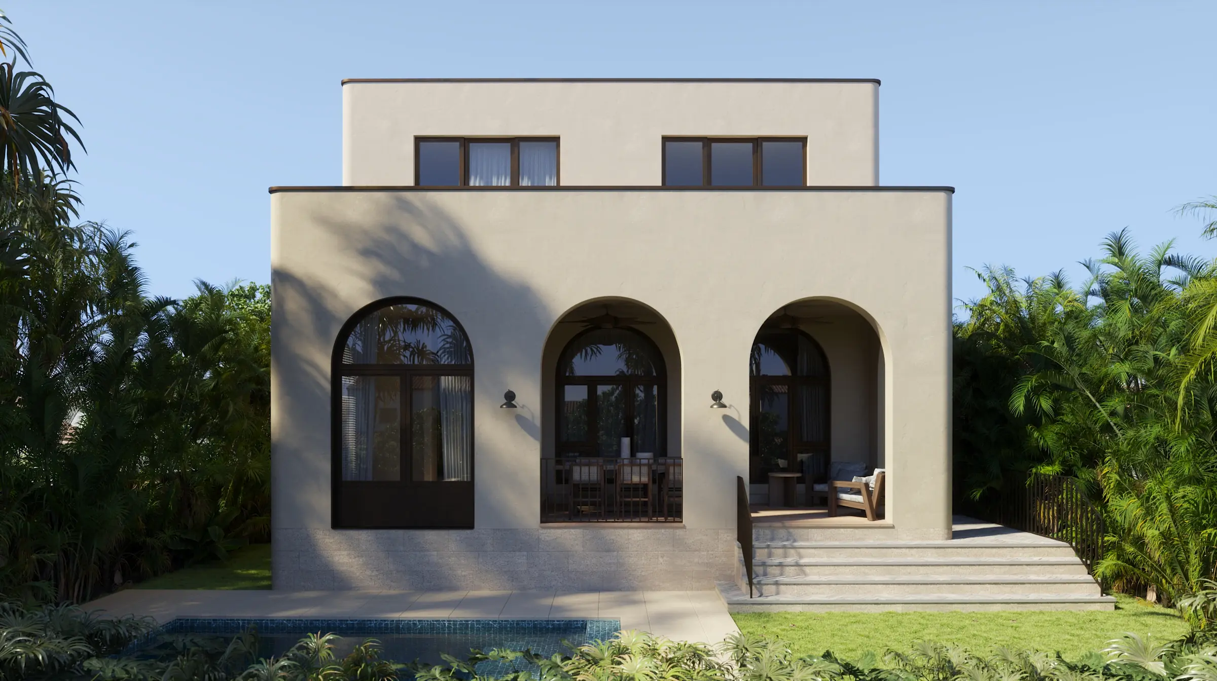 Rear facade and garden rendering of 9017 Carlyle