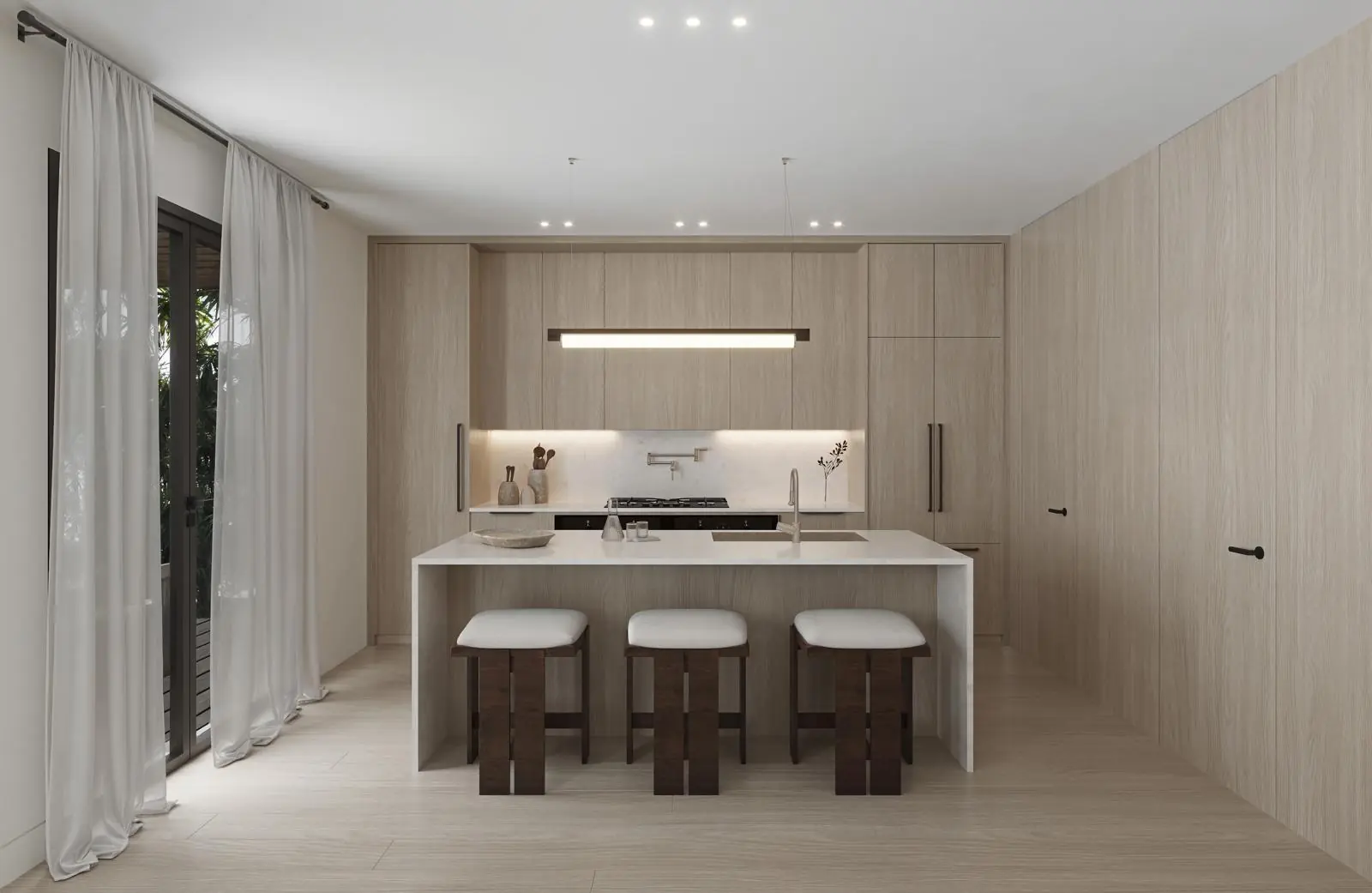 Kitchen rendering with long stone island and sculptural pendants