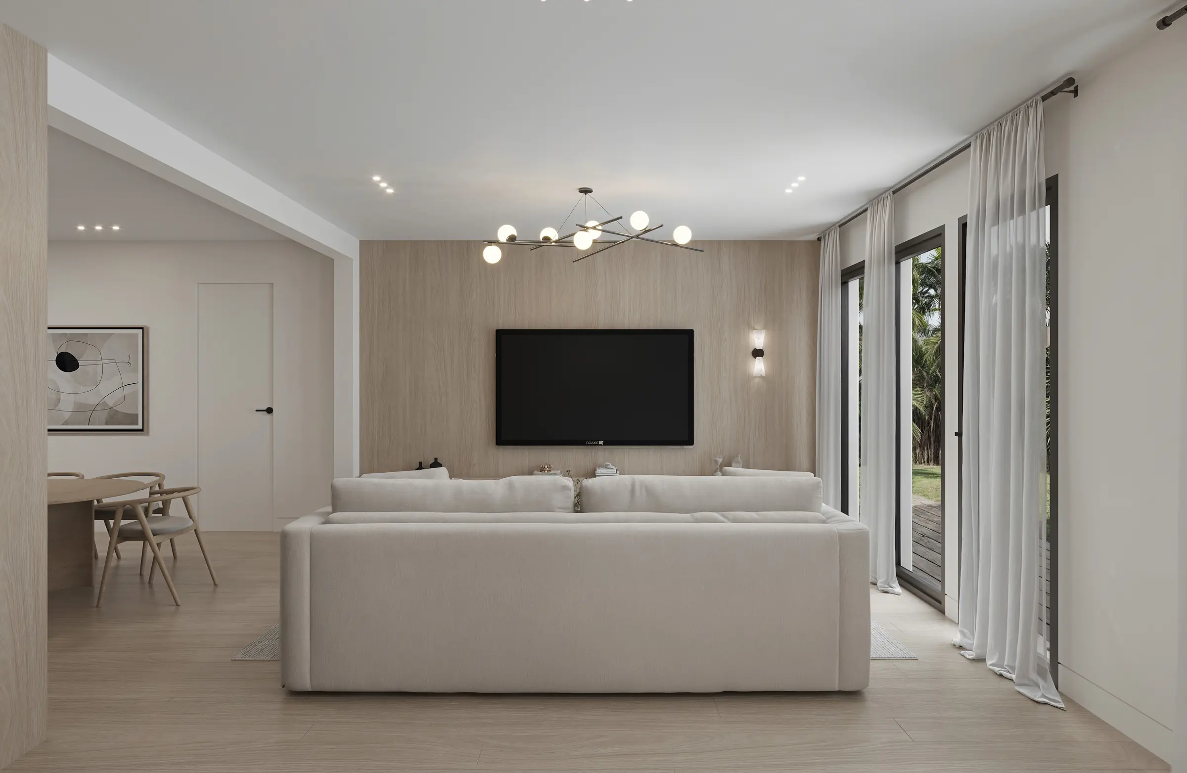 Living room rendering with garden-facing glass at 9148 Carlyle