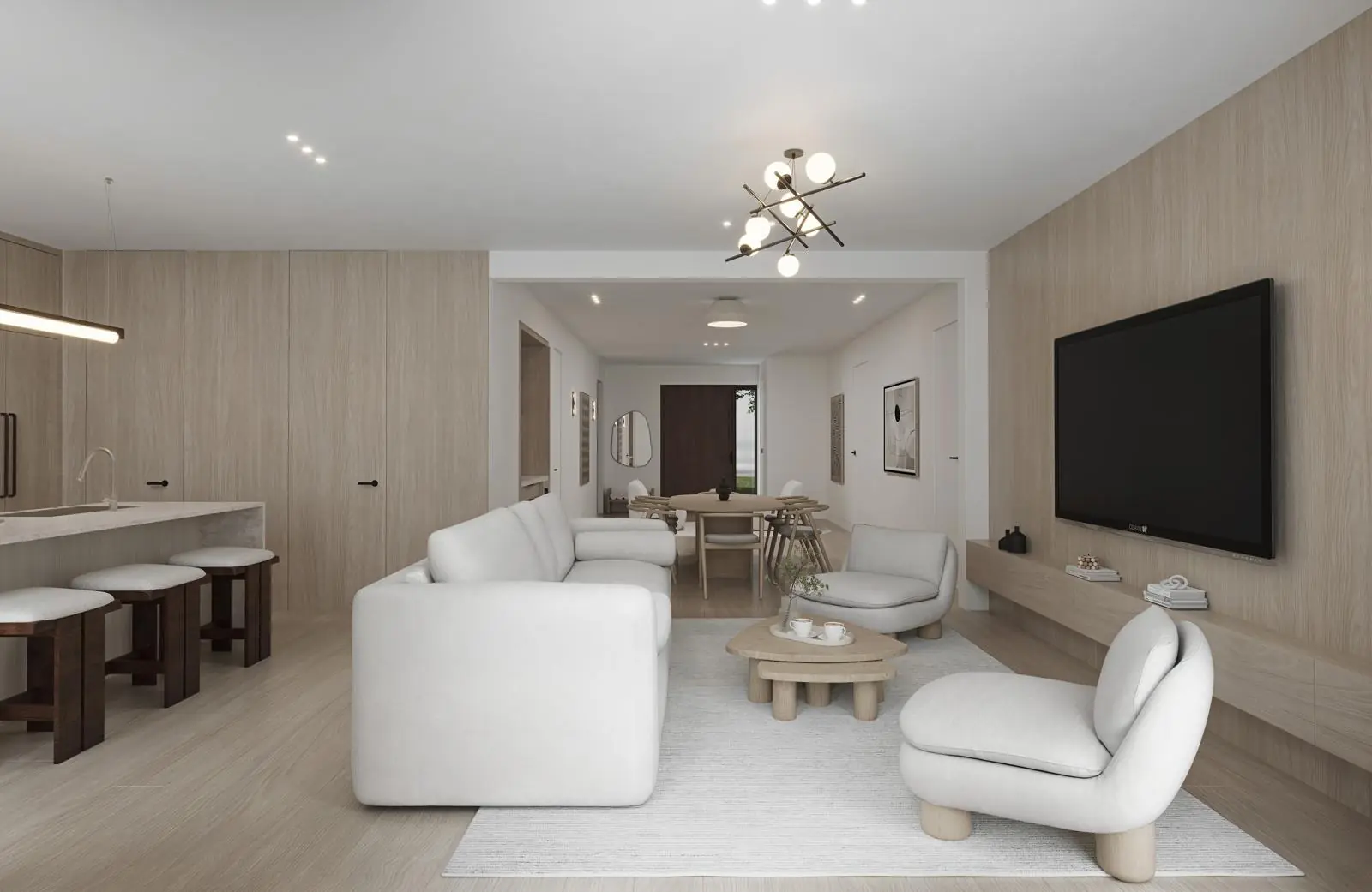 Living room rendering framed by full-height glass doors