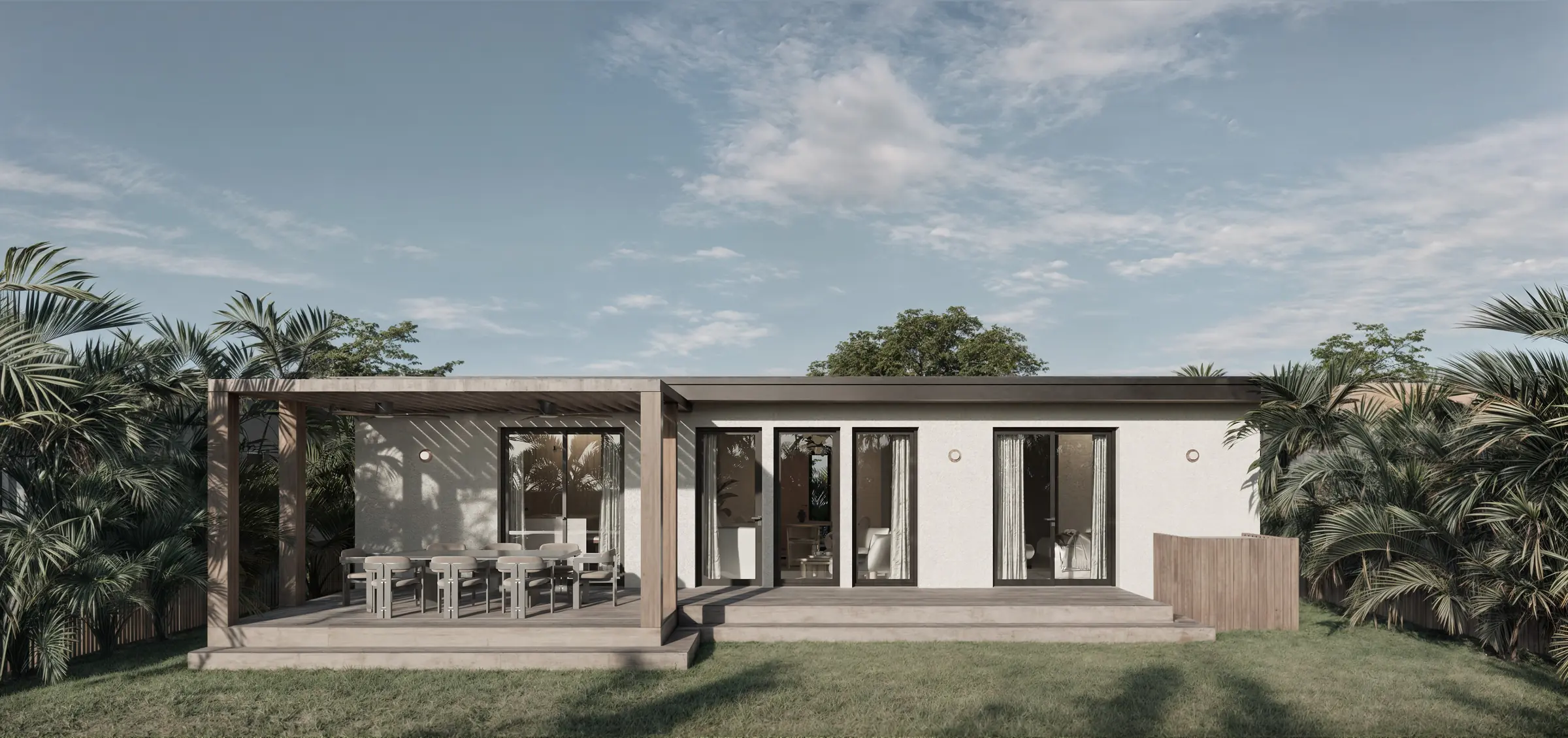 Rear facade, terrace and pool rendering at 9148 Carlyle