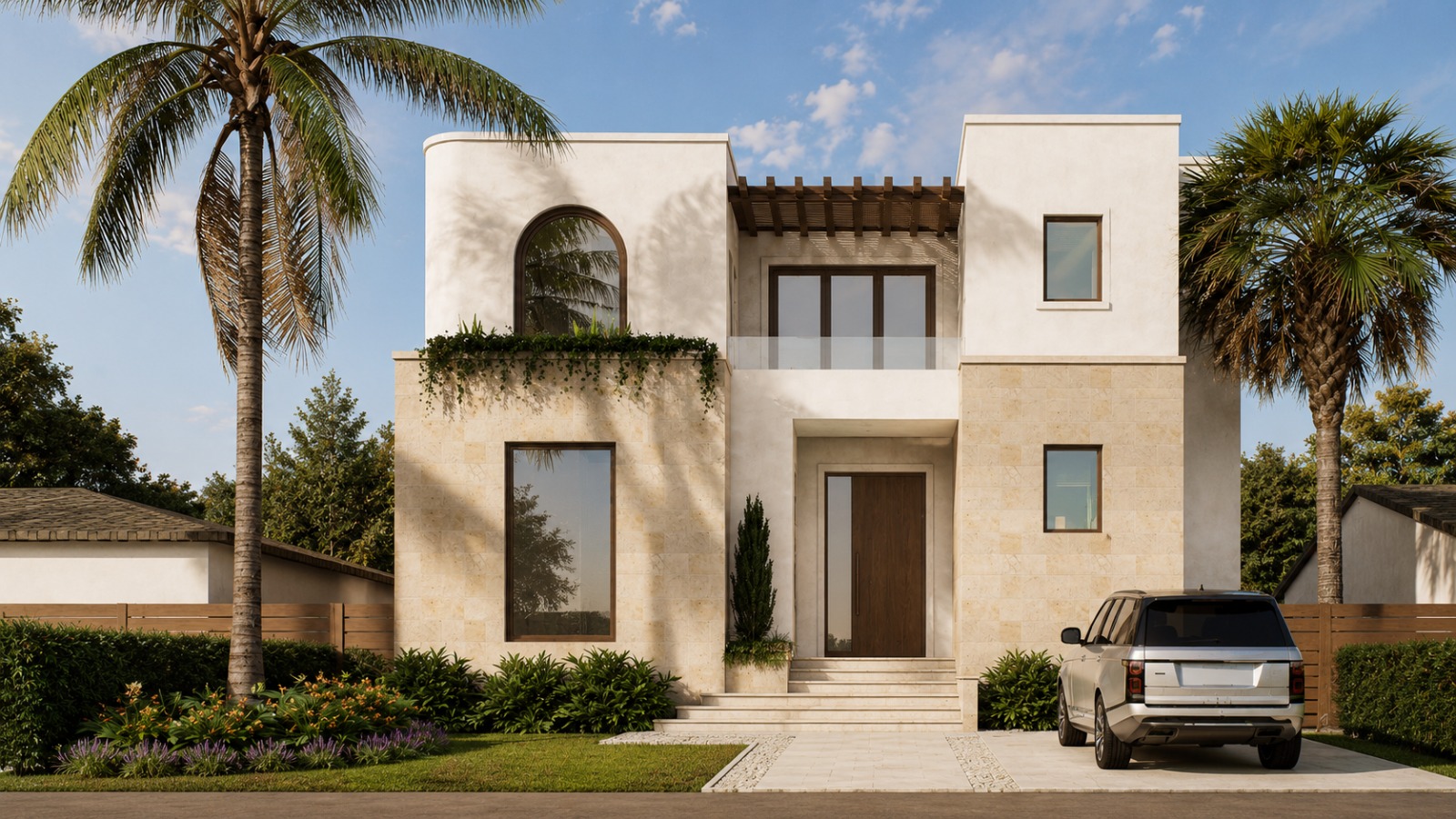 Arched stucco residence with a timber pergola